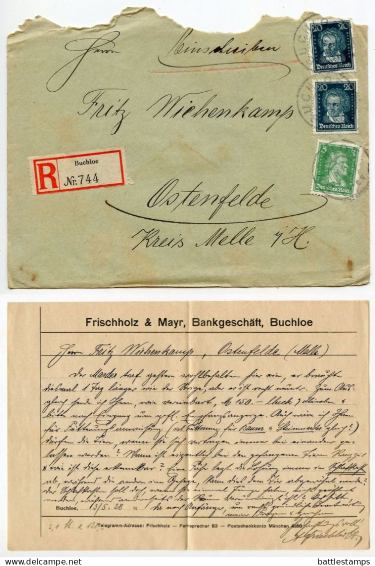 Germany 1928 Registered Cover & Letter; Buchloe - Frischholz & Mayr, Bankgeschäft; 5pf. Schiller & 20pf. Beethoven - Lettres & Documents