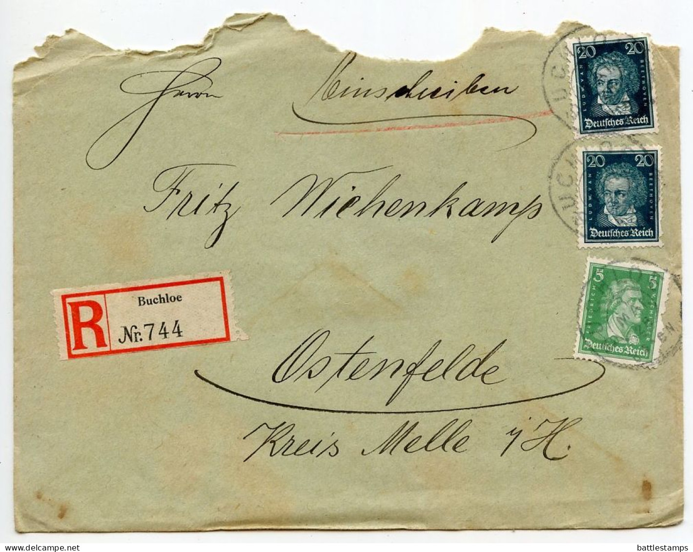 Germany 1928 Registered Cover & Letter; Buchloe - Frischholz & Mayr, Bankgeschäft; 5pf. Schiller & 20pf. Beethoven - Briefe U. Dokumente