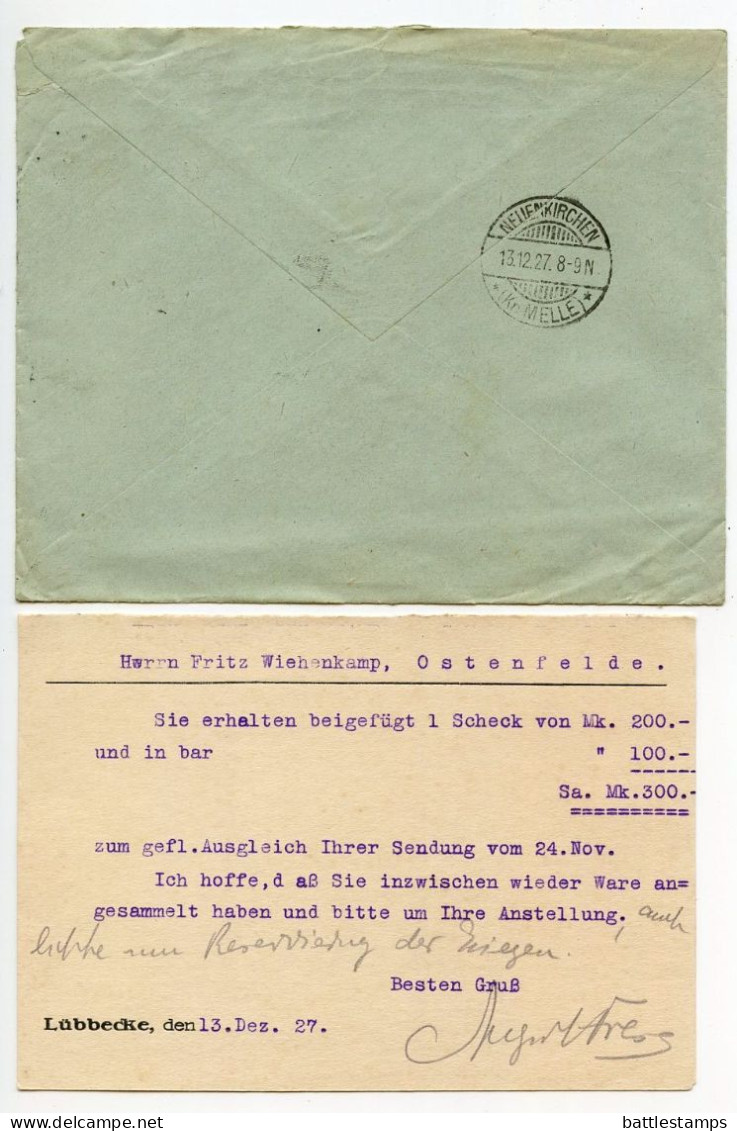 Germany 1927 Registered Cover & Letter; Lübbecke (Westf.) - August Frese, Lederfabrik; 15pf. Immanuel Kant X 3 - Covers & Documents