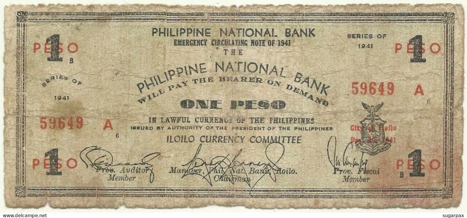 PHILIPPINES - 1 Peso - 1941 - Pick S 305 - Serie A6 - ILOILO Currency Committee - Filippine
