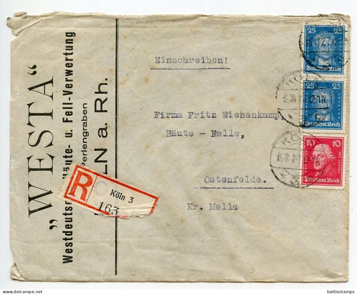 Germany 1927 Registered Cover; Köln - “WESTA” Westdeutsche Häute- U. Fell-Verwertung; 10pf. Frederick & 25pf. Goethe - Storia Postale