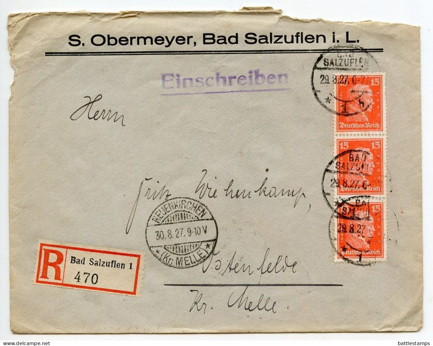 Germany 1927 Registered Cover; Bad Salzuflen - S. Obermeyer To Ostenfelde; 15pf. Immanuel Kant, Strip Of 3 - Covers & Documents