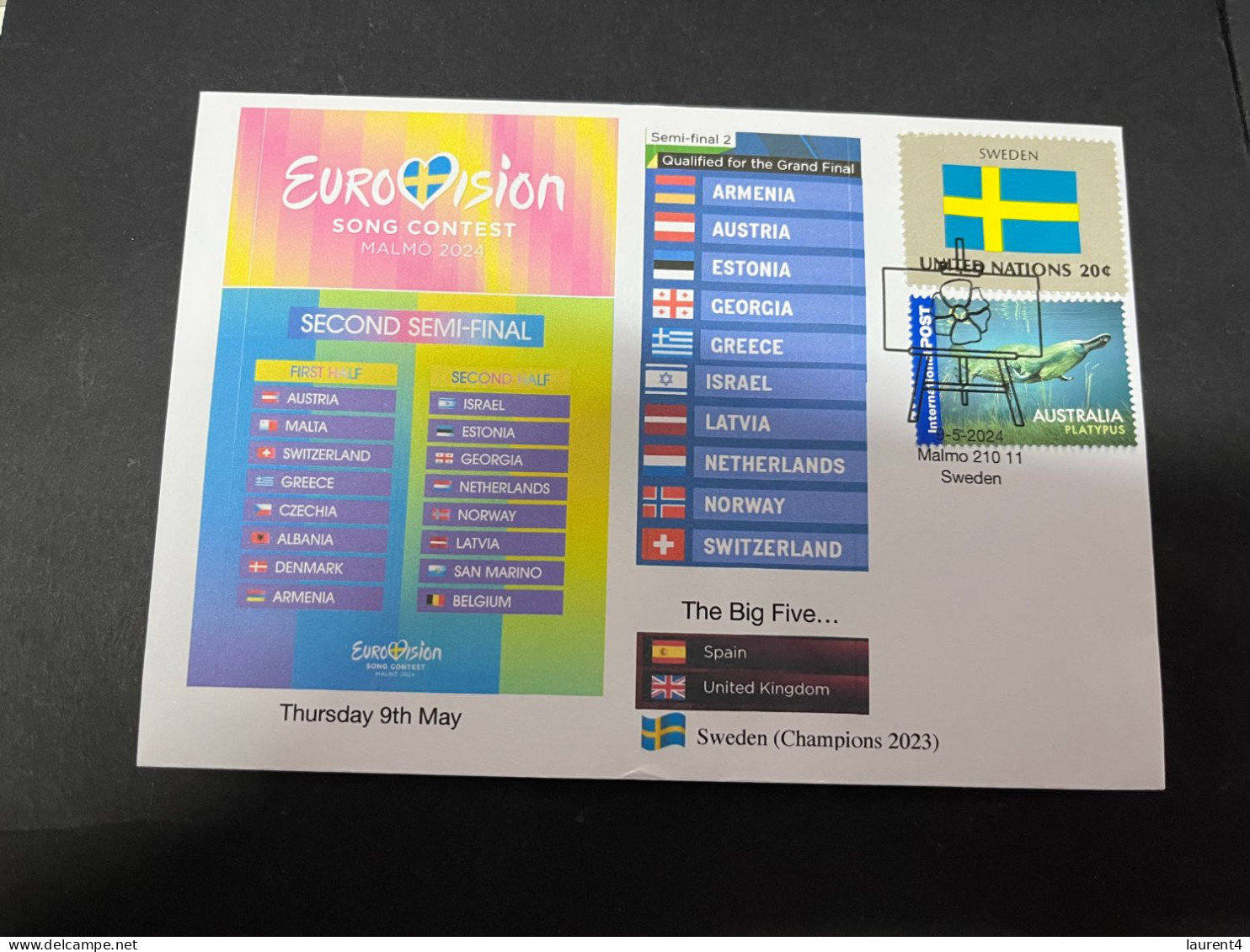 10-5-2024 (4 Z 37) Eurovision Song Contest 2024 - Semi-Final 2 On 9-5-2024 (with Sweden Flag Stamp) - Music