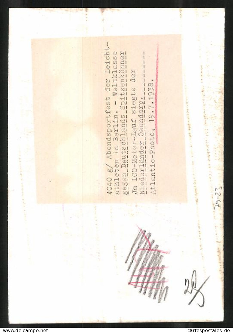 Fotografie Abendsportfest Der Leichtathleten In Berlin 1938 - Osendarp Aus Den Niederlanden, Sieger Im 1000 M Lauf  - Sports