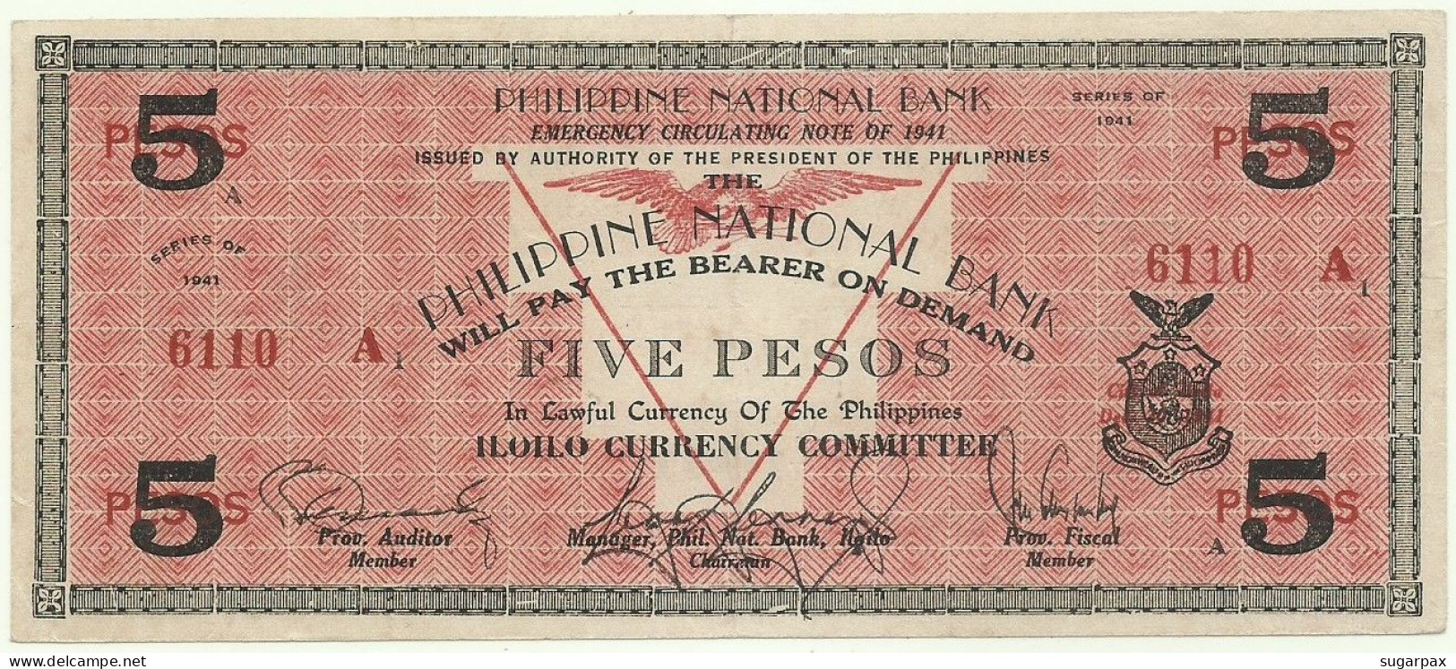PHILIPPINES - 5 Pesos - 1941 - Pick S 307 - Serie A - LOW NUMBER - ILOILO Currency Committee - Philippines