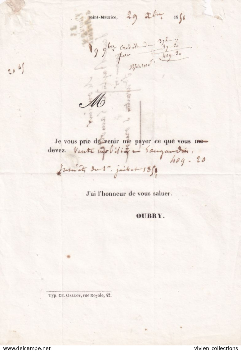 Thorigny Sur Oreuse (89 Yonne) Lettre Avec Cursive (ind. 13) Taxe 1 Sur Imprimé De Maint Maurice 1851 Pour Saint Martin - 1801-1848: Precursores XIX