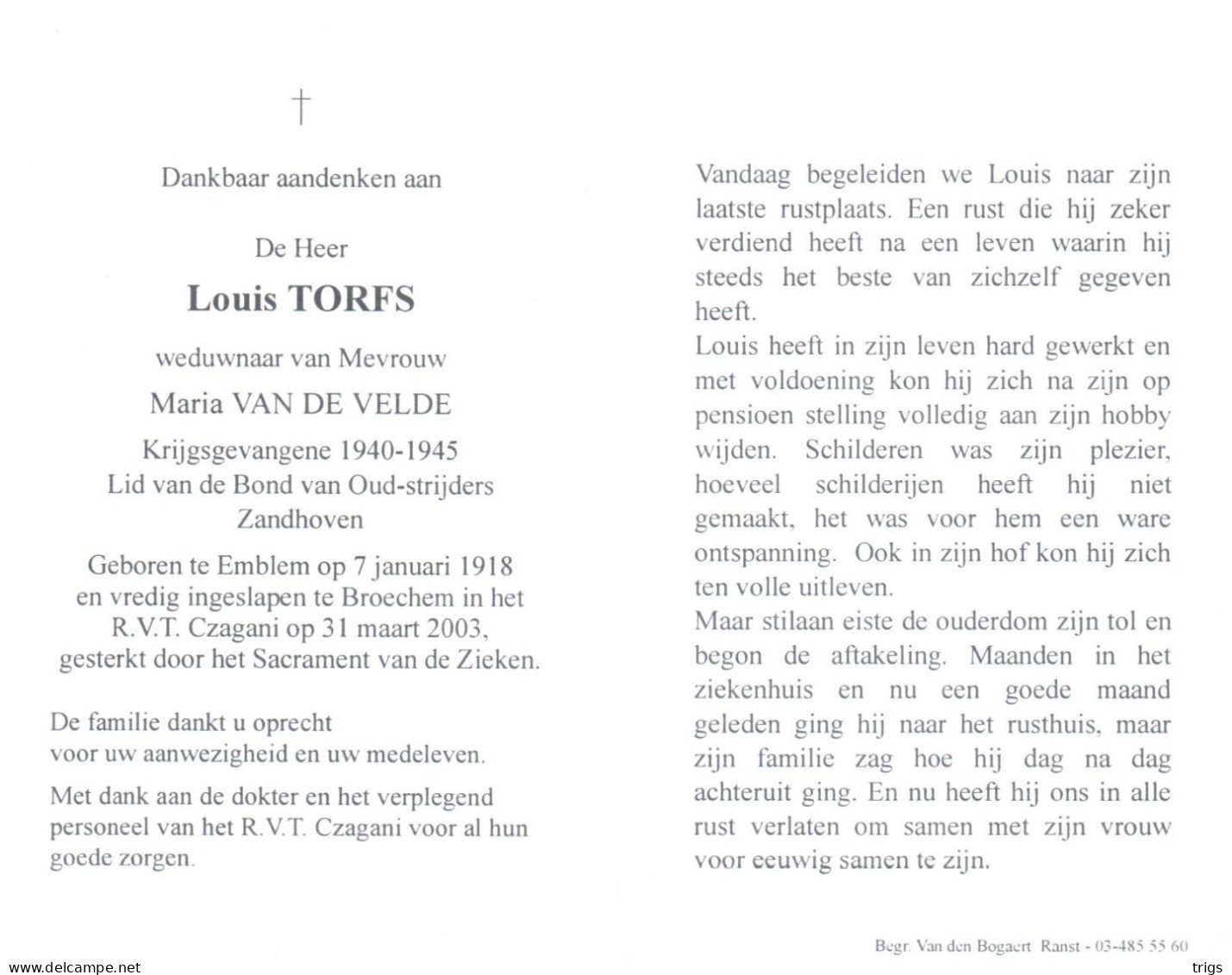 Louis Torfs (1918-2003) ~ Oudstrijder (1940-1945) - Devotion Images