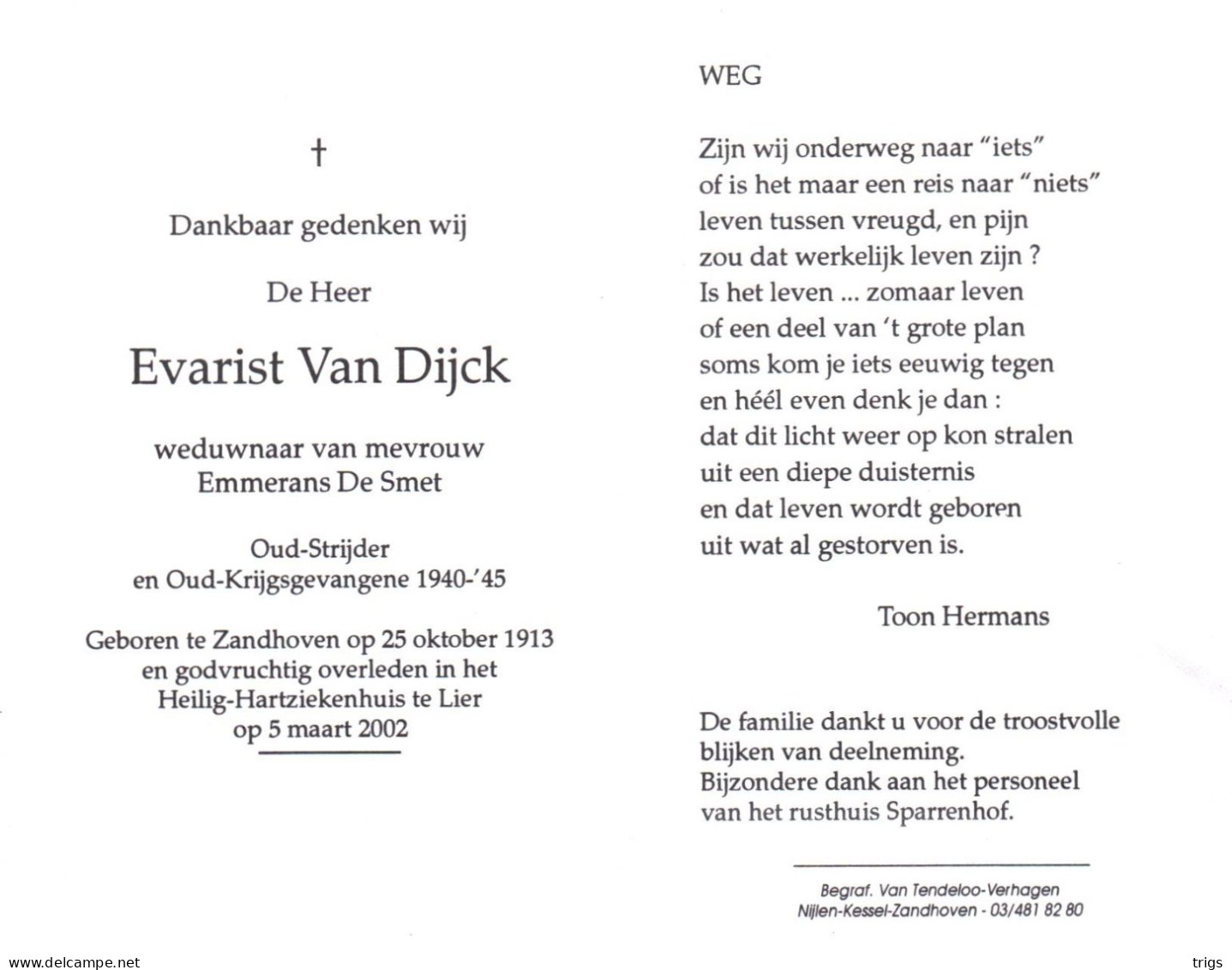 Evarist Van Dijck (1913-2002) ~ Oudstrijder (1940-1945) - Devotieprenten