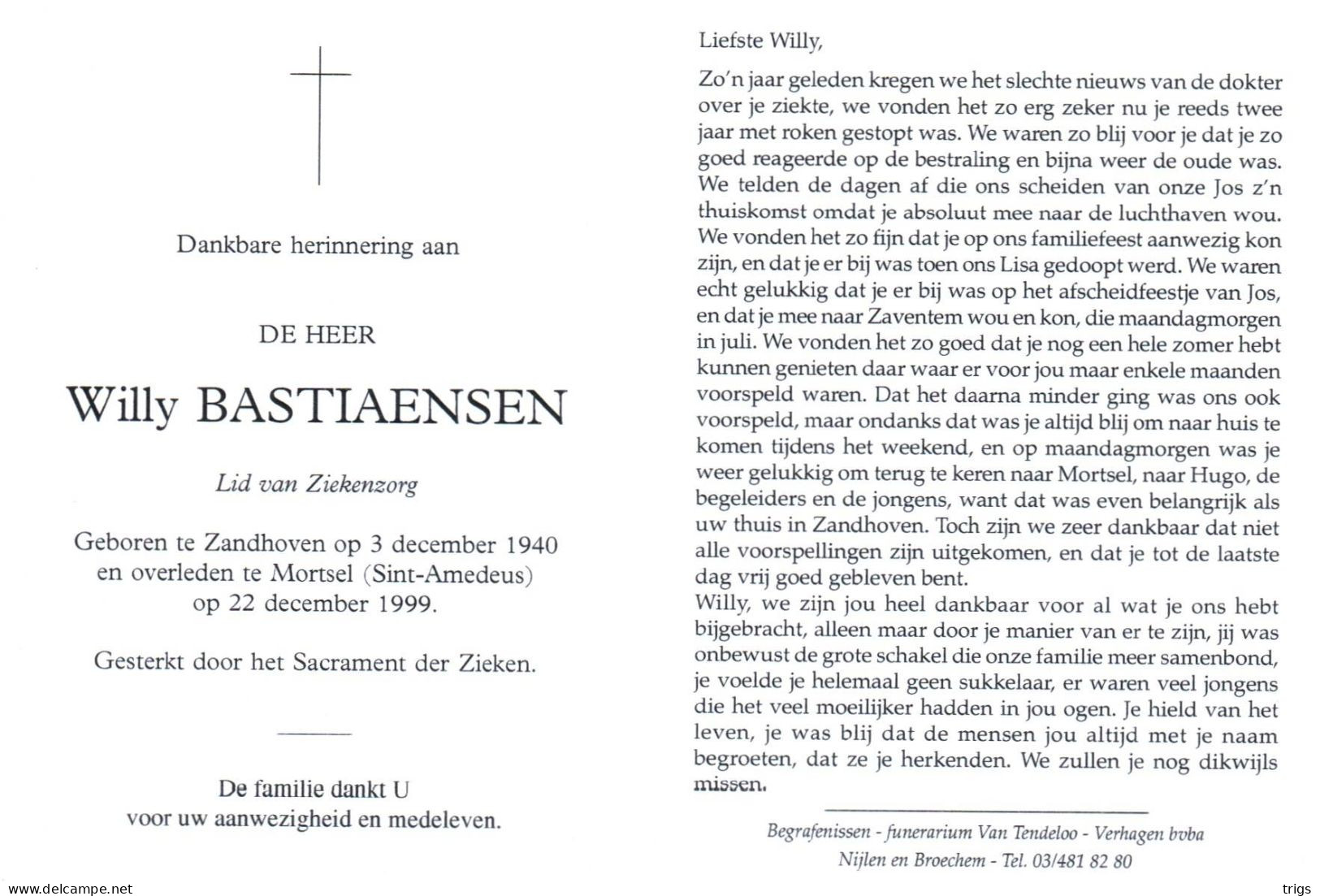 Willy Bastiaensen (1940-1999) - Devotieprenten