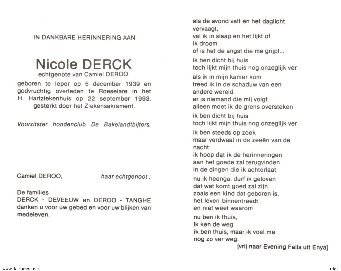 Nicole Derck (1939-1993) - Devotieprenten