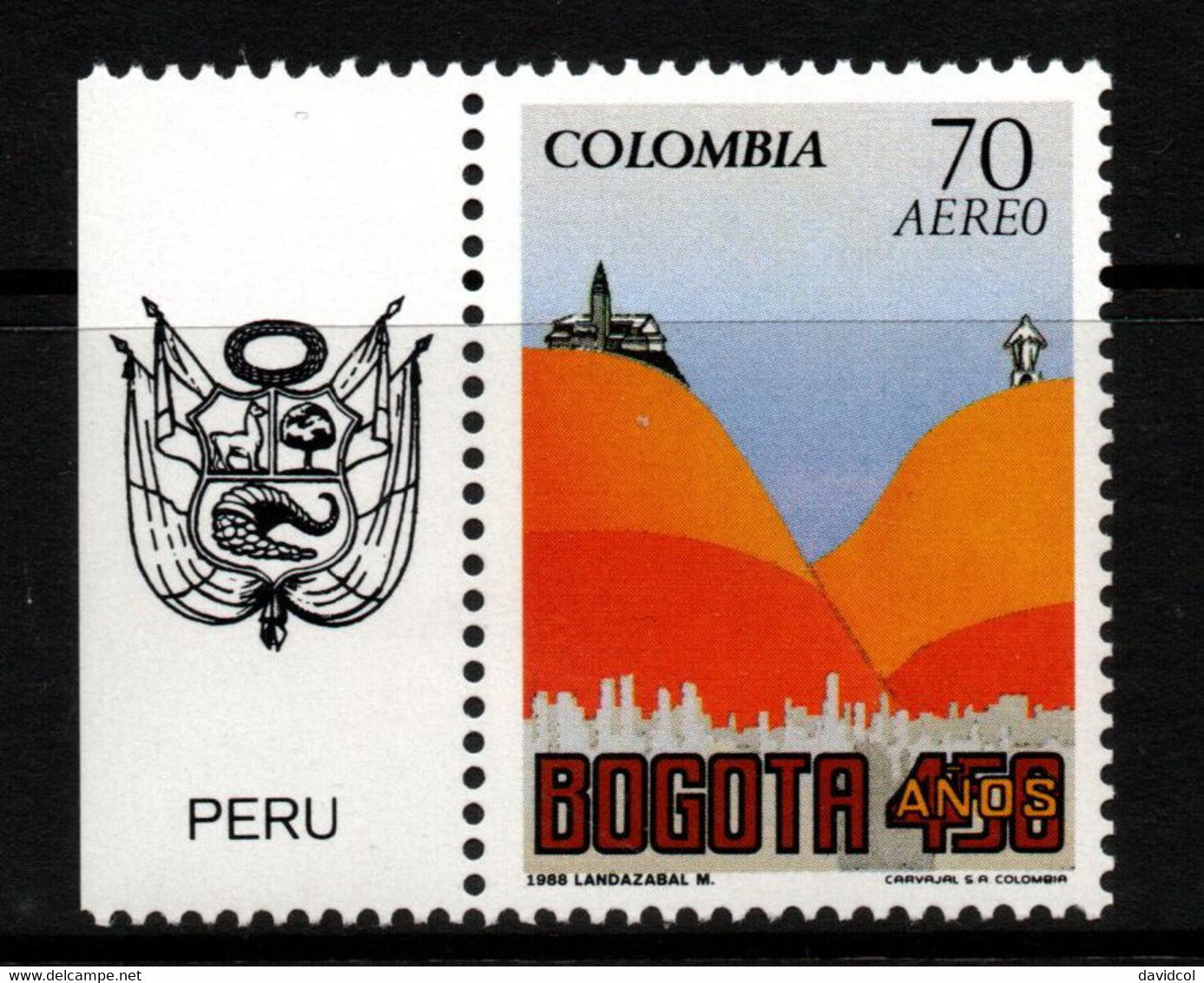 02G- KOLUMBIEN - 1988 - MI#:1717 - MNH- BOGOTA 450 YEARS – PERU COAT OF ARMS LABEL - Colombia