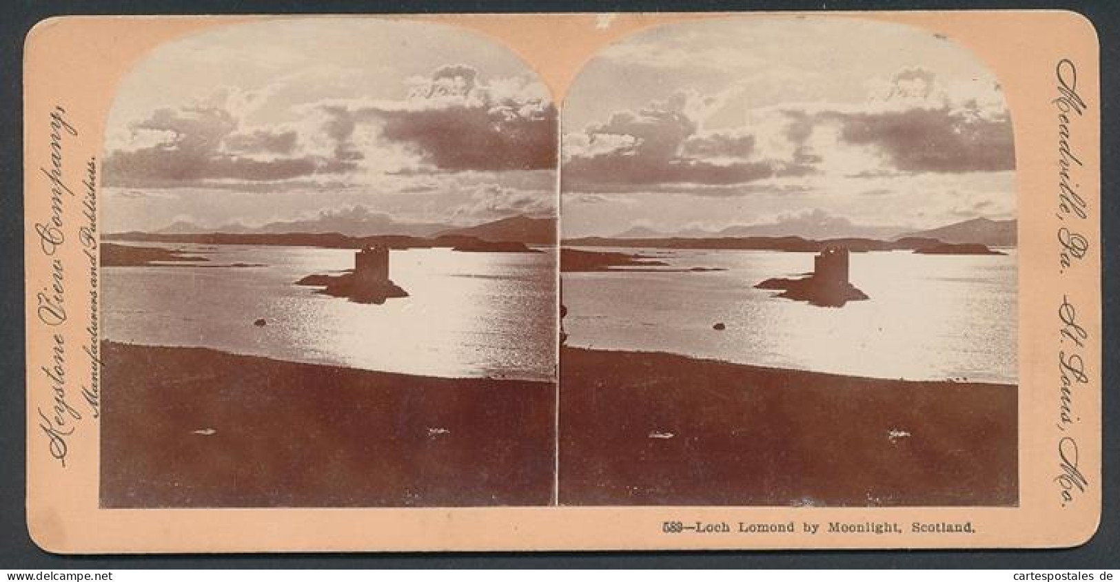 Stereo-Photo Key Stone View Company, Meadville, Ansicht Loch Lomond, See Loch Lomond Im Mondschein  - Stereoscopic