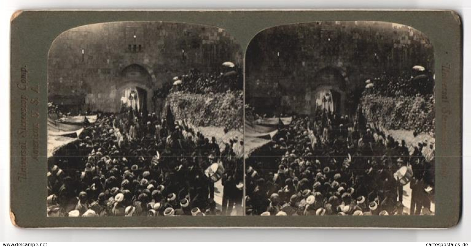 Stereo-Fotografie Universal Stereoscopic Company, Ansicht Jerusalem, Mohammedan Procession At St. Stepahn`s Gate  - Stereo-Photographie