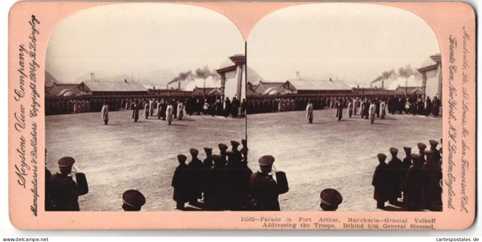 Stereo-Fotografie Keystone View Company, Meadville /Pa, Ansicht Port Arthur /Manchuria, Parade - General Volkoff  - Stereo-Photographie
