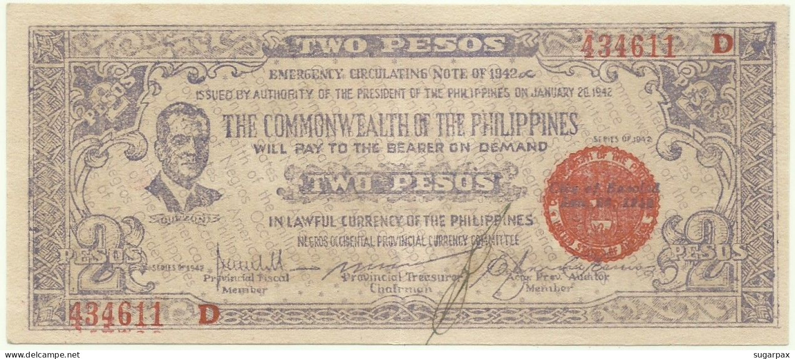 PHILIPPINES - 2 Pesos - 1942 - Pick S 647B - Serie D - NEGROS Occidental Provincial Currency Committee - Filipinas