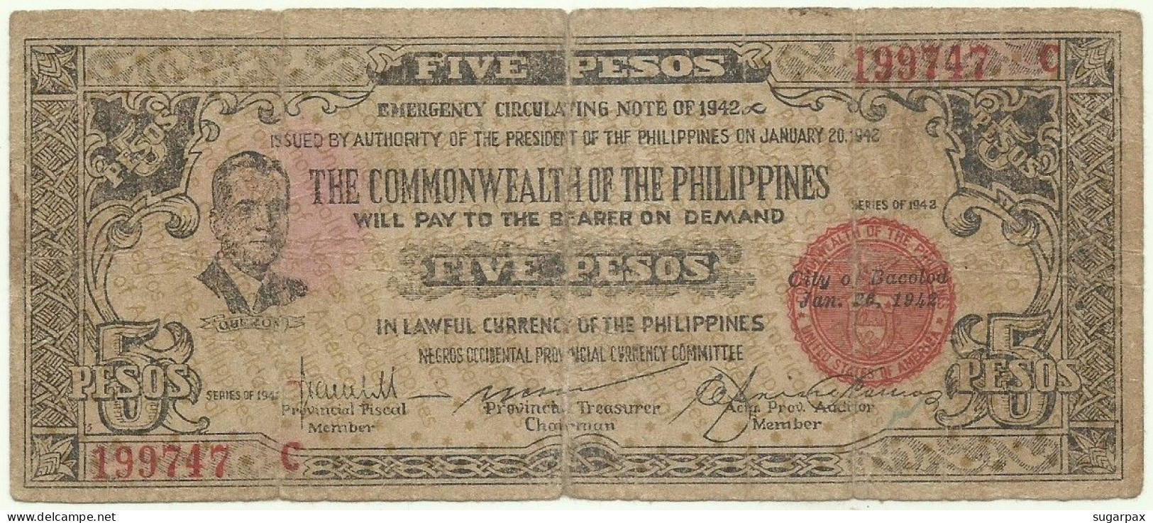 PHILIPPINES - 5 Pesos - 1942 - Pick S 648.a - Serie C - NEGROS Occidental Provincial Currency Committee - Filippine