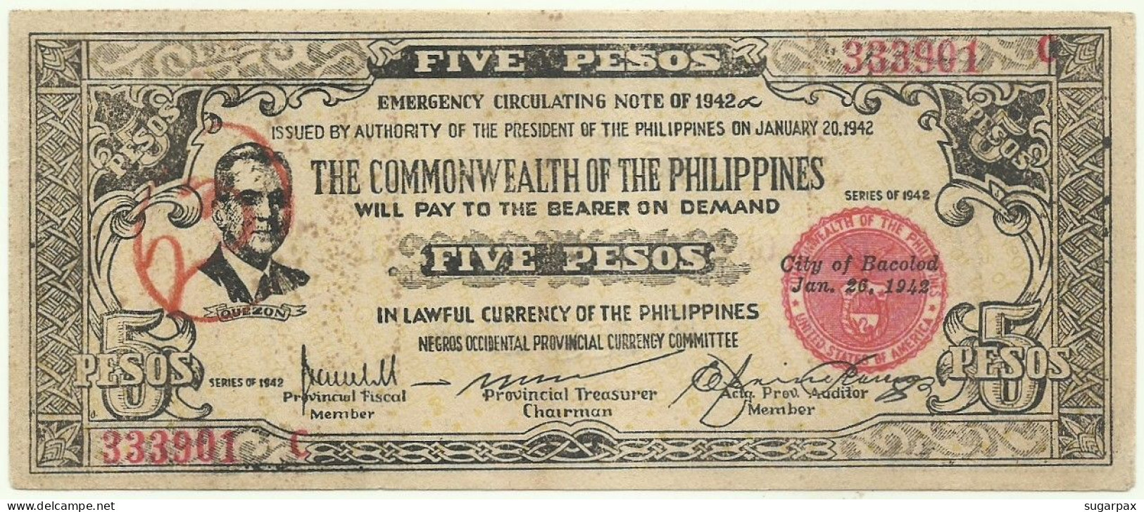 PHILIPPINES - 5 Pesos - 1942 - Pick S 648.b - Serie C - NEGROS Occidental Provincial Currency Committee - Filipinas