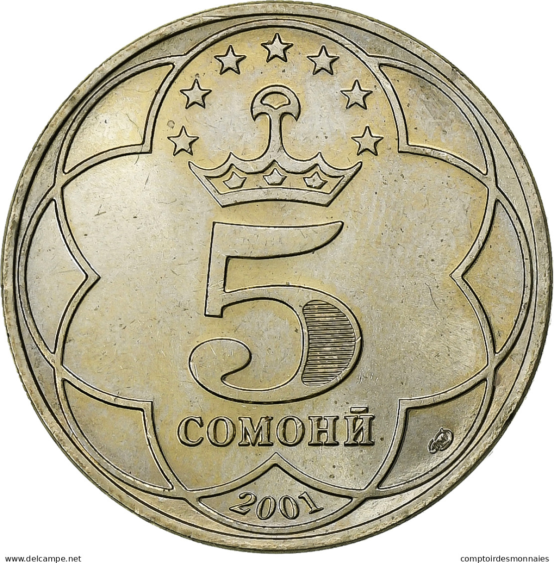 Tadjikistan, 5 Somoni, 2001, St. Petersburg, Cuivre-Nickel-Zinc (Maillechort) - Takiyistán