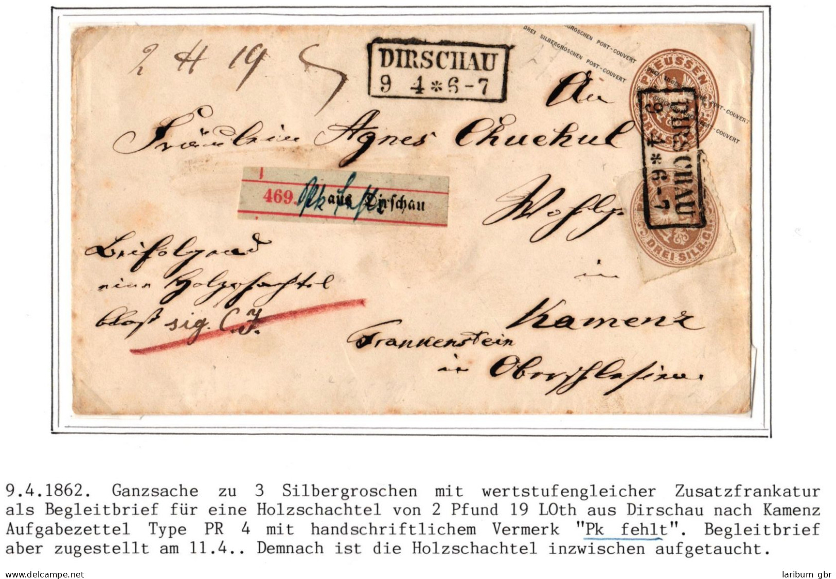 Preußen Ganzsache Mit Zusatzfrankatur Paketbegleitbrief Vermerk Pk Fehlt #IB739 - Interi Postali