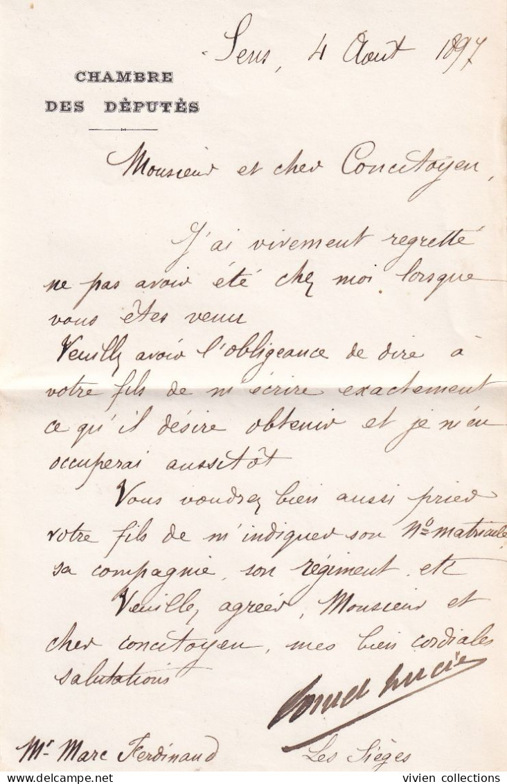 Lettre De Lucien Cornet Député De L'Yonne 1897 Signée A Entête Et Enveloppe De La Chambre Des Députés Postée à Sens (89) - 1801-1848: Precursori XIX