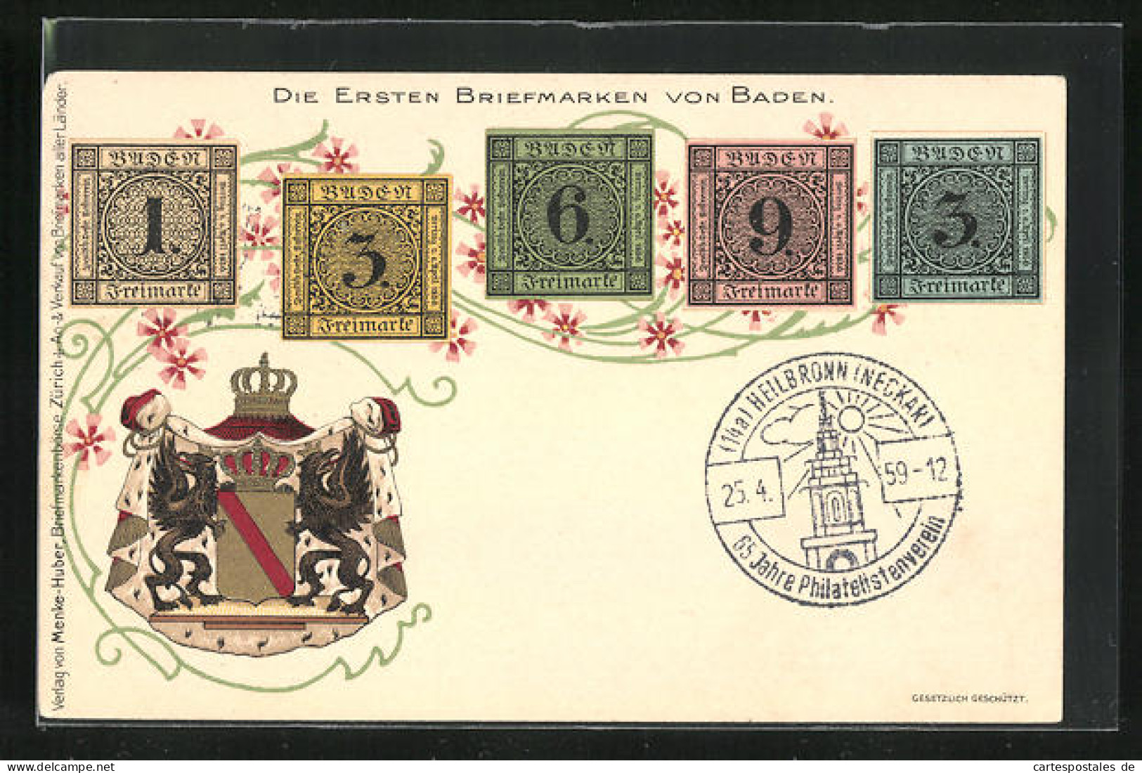 AK Die Ersten Briefmarken Von Baden, Wappen  - Francobolli (rappresentazioni)