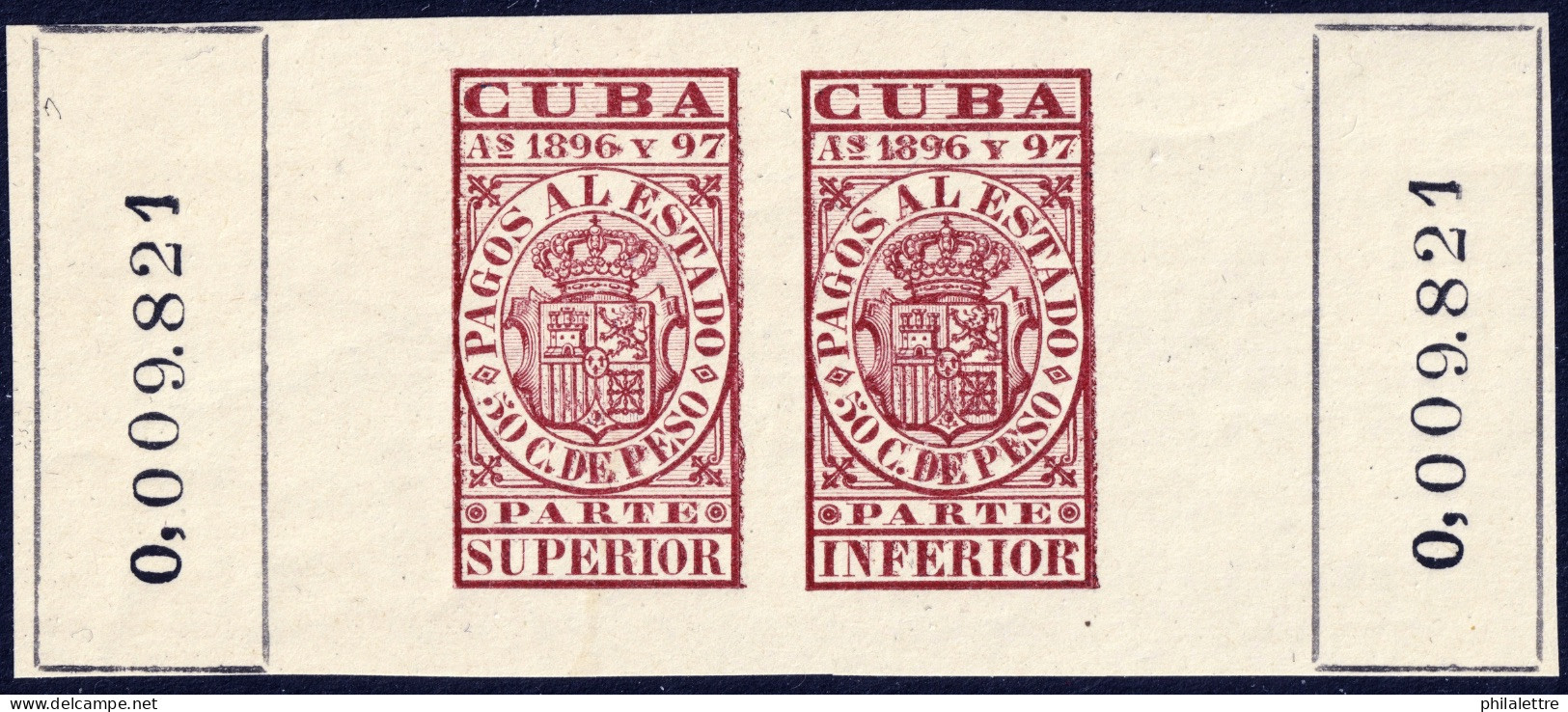 ESPAGNE / ESPANA - COLONIAS (Cuba) 1896/97 "PAGOS AL ESTADO" Fulcher 1164+1176 50c Sello Doble Nuevo** (0.009.821) - Kuba (1874-1898)