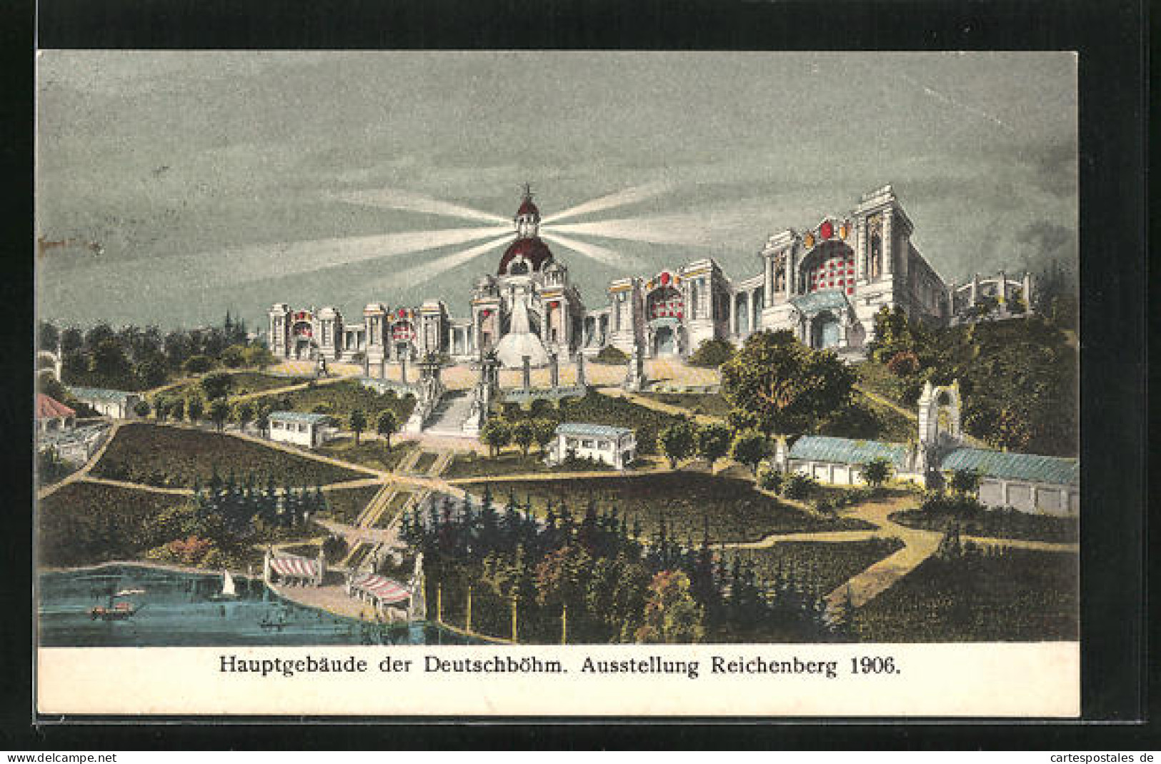 AK Reichenberg, Deutschböhmische Ausstellung 1906, Hauptgebäude Und Der Park Mit Anlegestelle  - Exposiciones