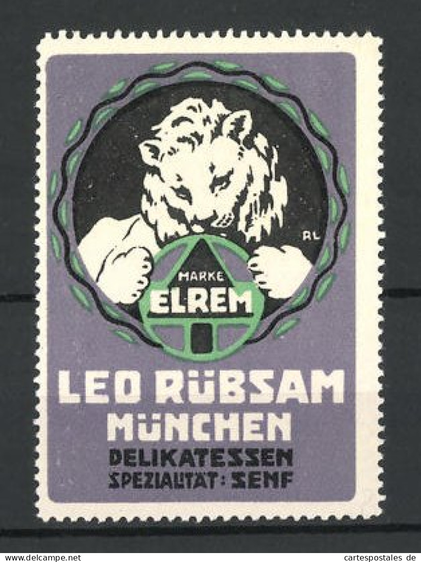Künstler-Reklamemarke Elram Delikatessen-Senf, Leo Rübsam, München, Firmenlogo Löwe  - Erinnofilie