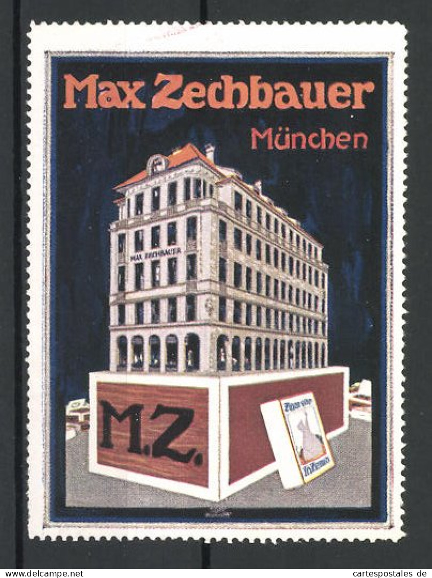 Reklamemarke Tabakwarengeschäft Max Zechbauer, München, Gebäudeansicht  - Cinderellas