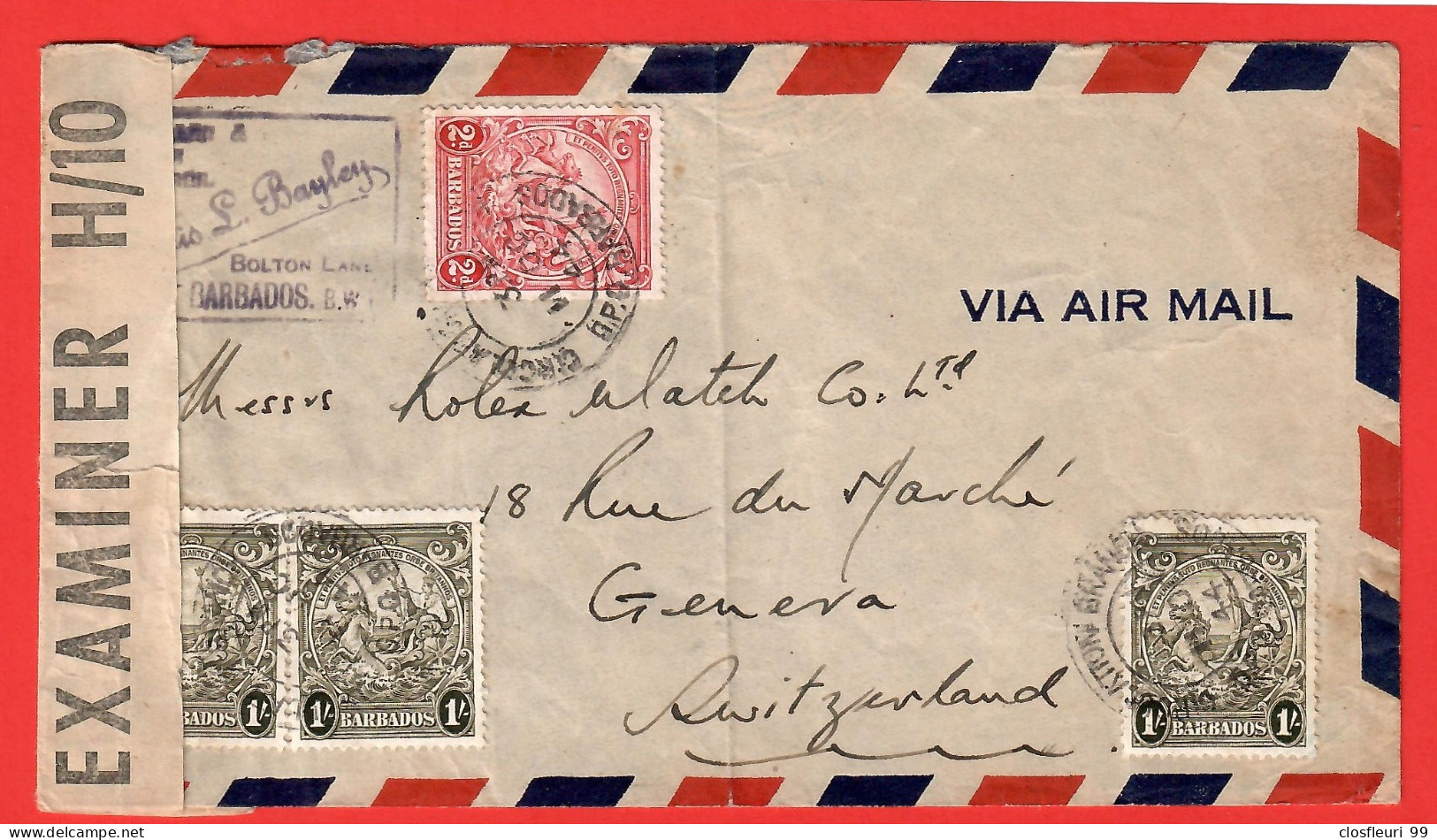 Barbados /Letter Examiner  H/10 / 1944 / For Switzerland / Via Air Mail - Barbades (1966-...)
