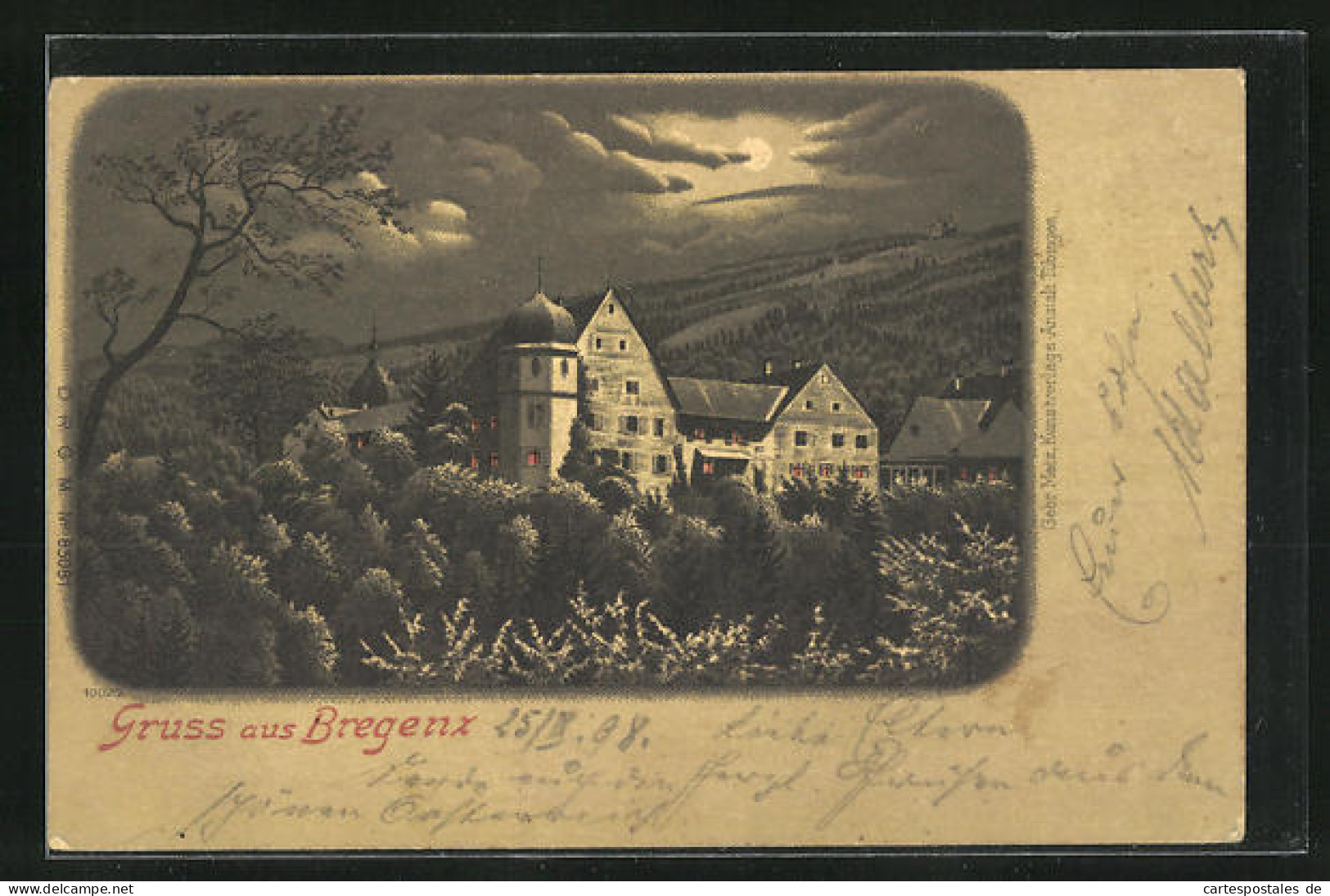 Mondschein-Lithographie Bregenz, Gebäude Umgeben Von Wald  - Other & Unclassified