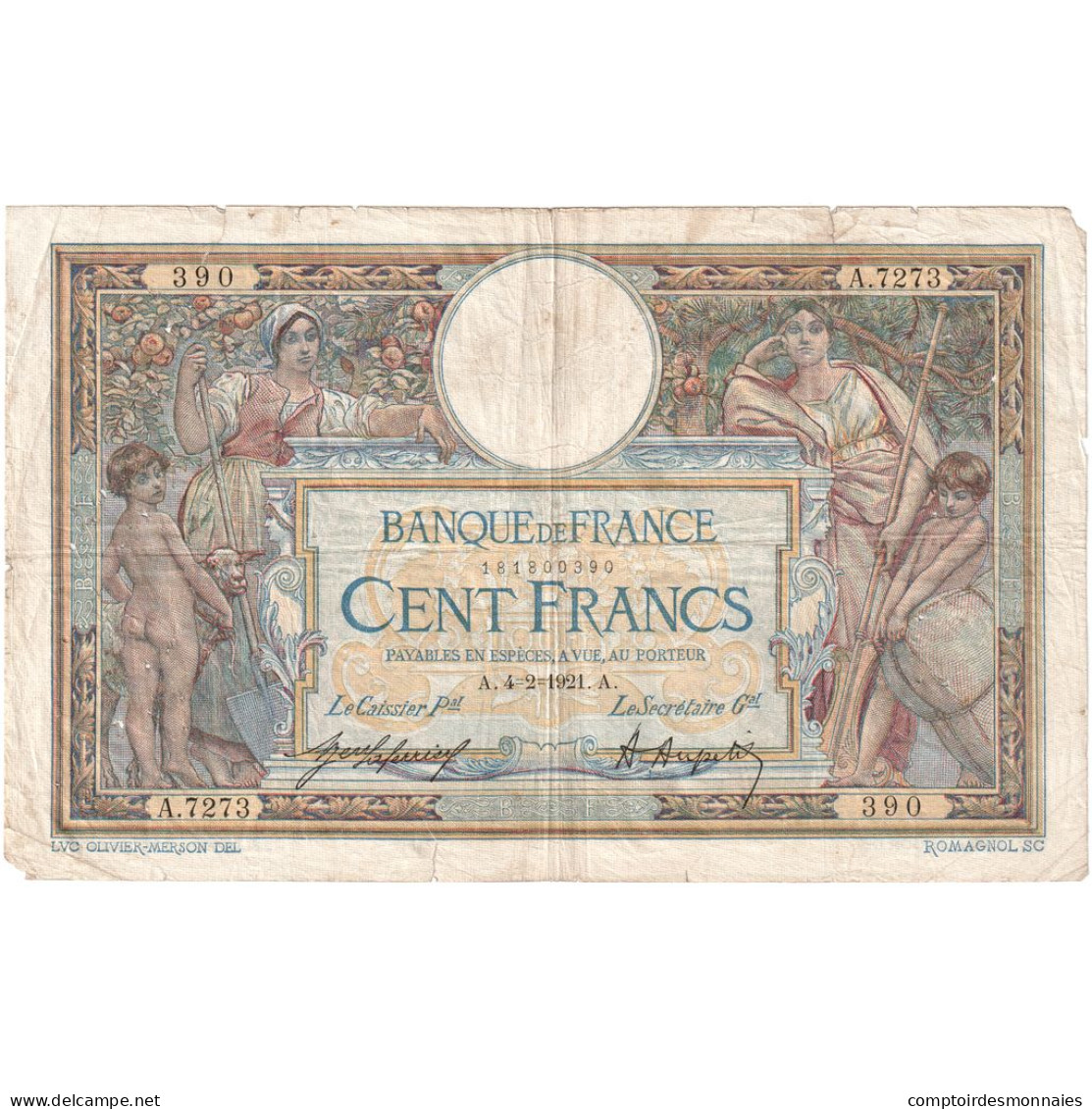 France, 100 Francs, Luc Olivier Merson, 1921, A.7273, TB, Fayette:23.14, KM:71b - 100 F 1908-1939 ''Luc Olivier Merson''
