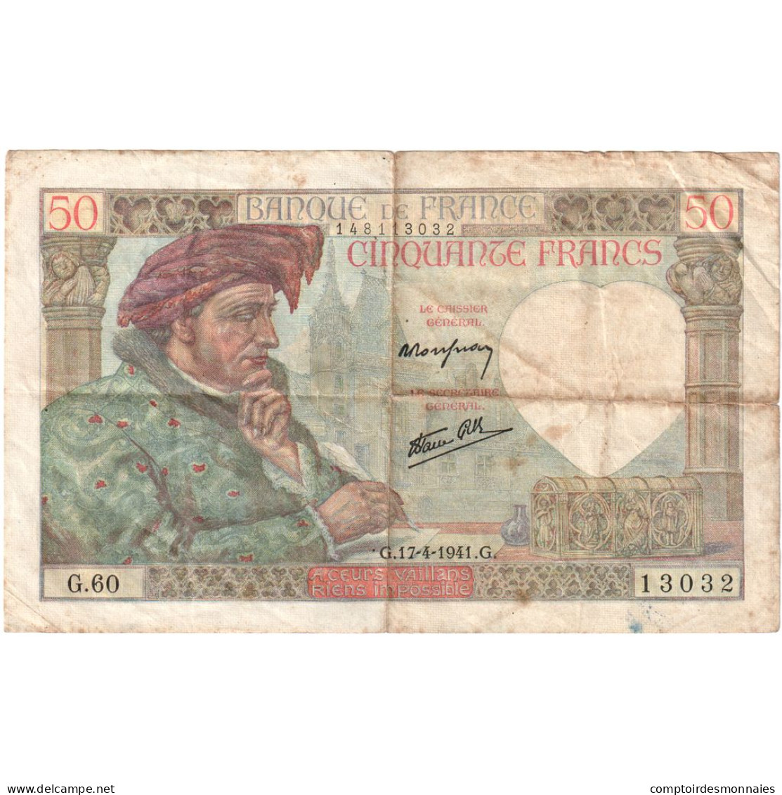 France, 50 Francs, 1941, G.60 13032, TB, Fayette:19.8, KM:93 - 50 F 1940-1942 ''Jacques Coeur''
