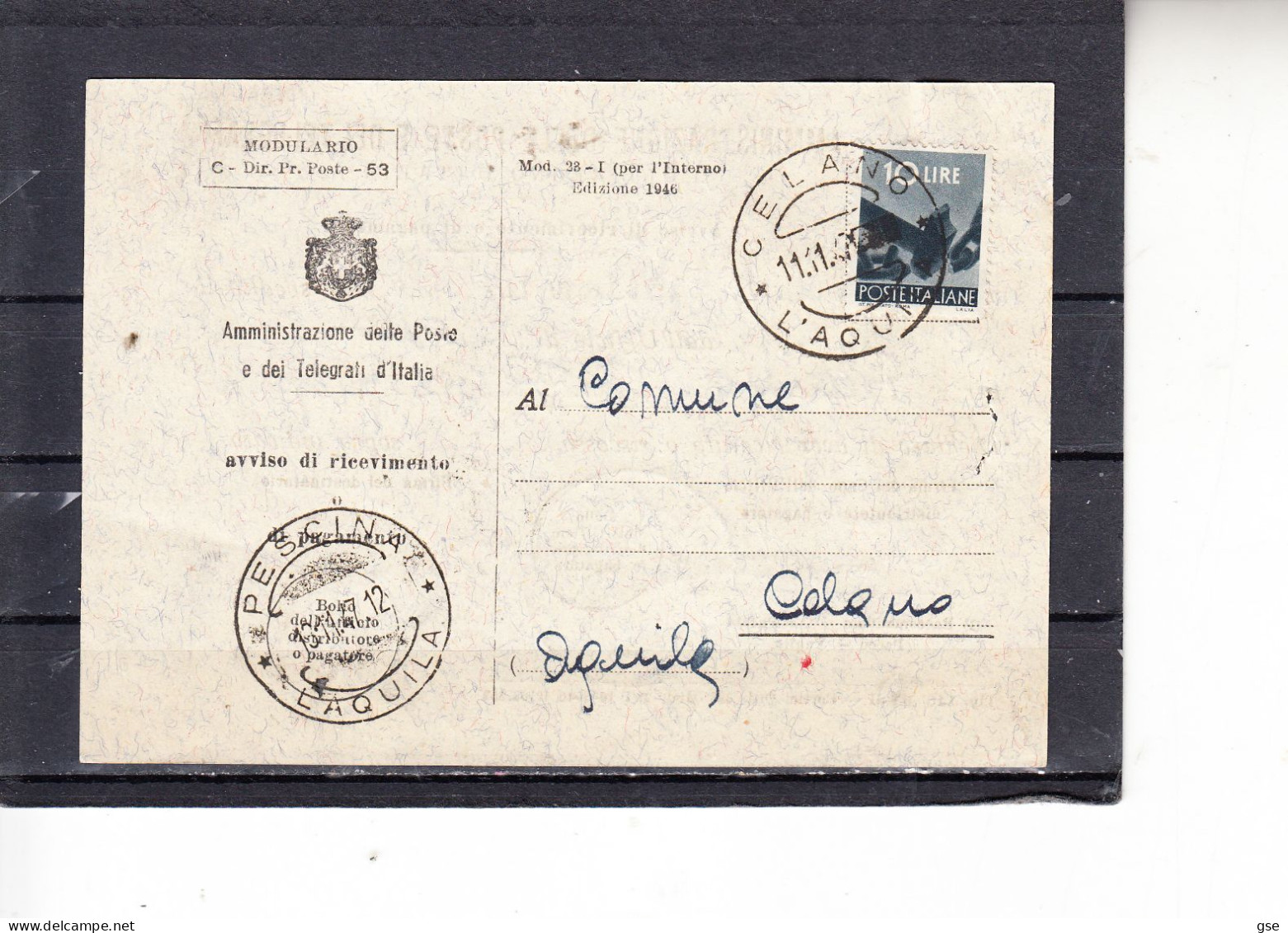 ITALIA  1947 - Avviso Ricevimento Postale Da Celano Per  Pescina - 1946-60: Poststempel