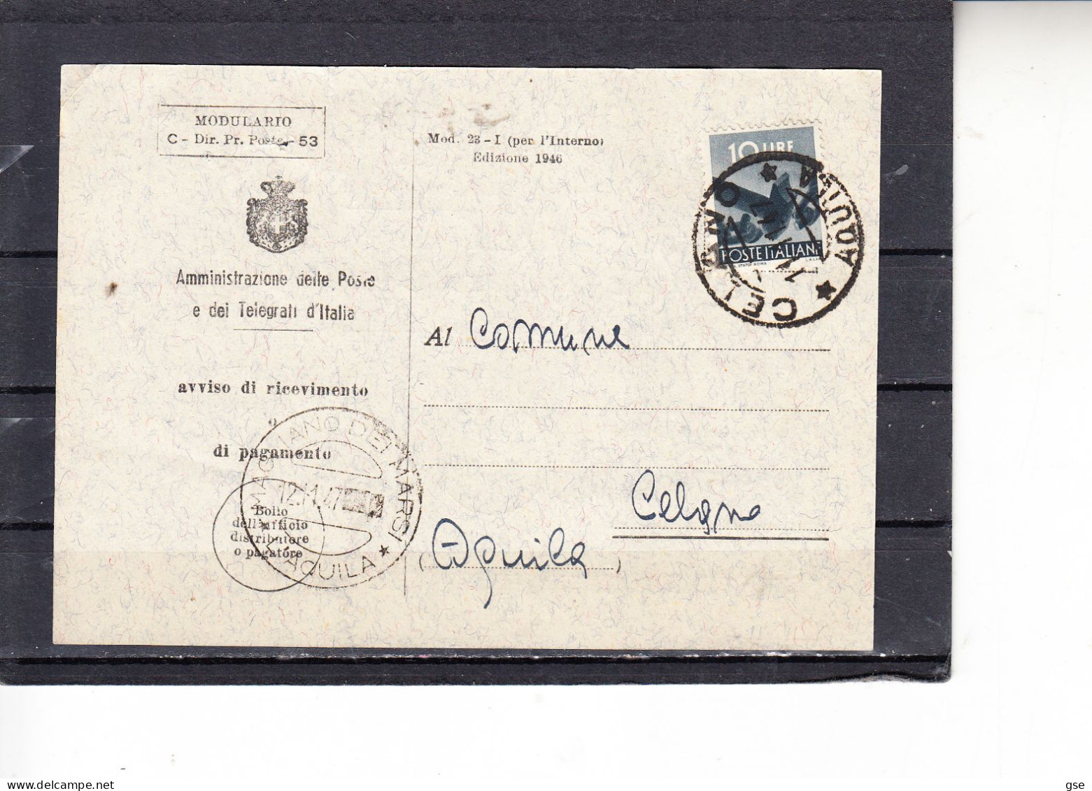 ITALIA  1947 - Avviso Ricevimento Postale Da Celano Per  L'Aquila - 1946-60: Poststempel