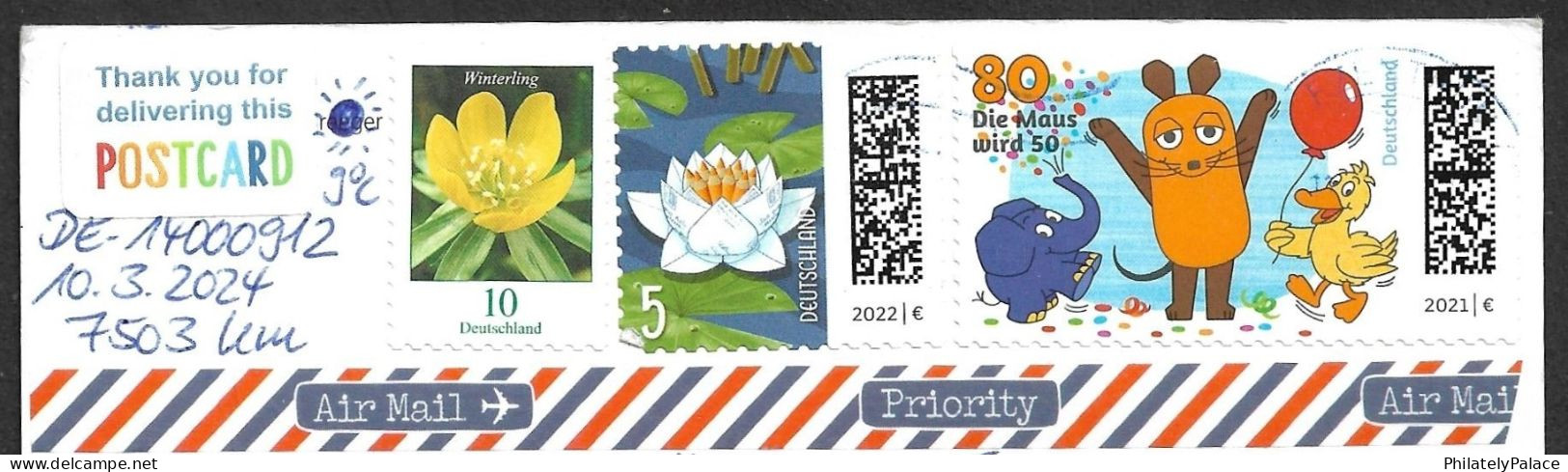 Germany To India, 2024, Fruit,Strawberry,Flower,Lotus,Elephant,Duck,Bird,Mouse,Animal, Postcard (**) - Cartas & Documentos