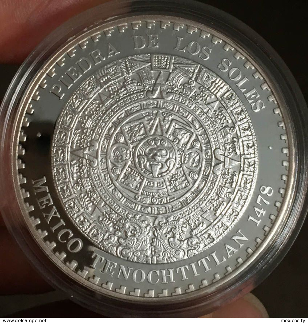 MEXICO Mint AZTEC CALENDAR & Old Coin Press .999 Silver Ounce PROOF Cond. Unc., In Capsule - Mexico