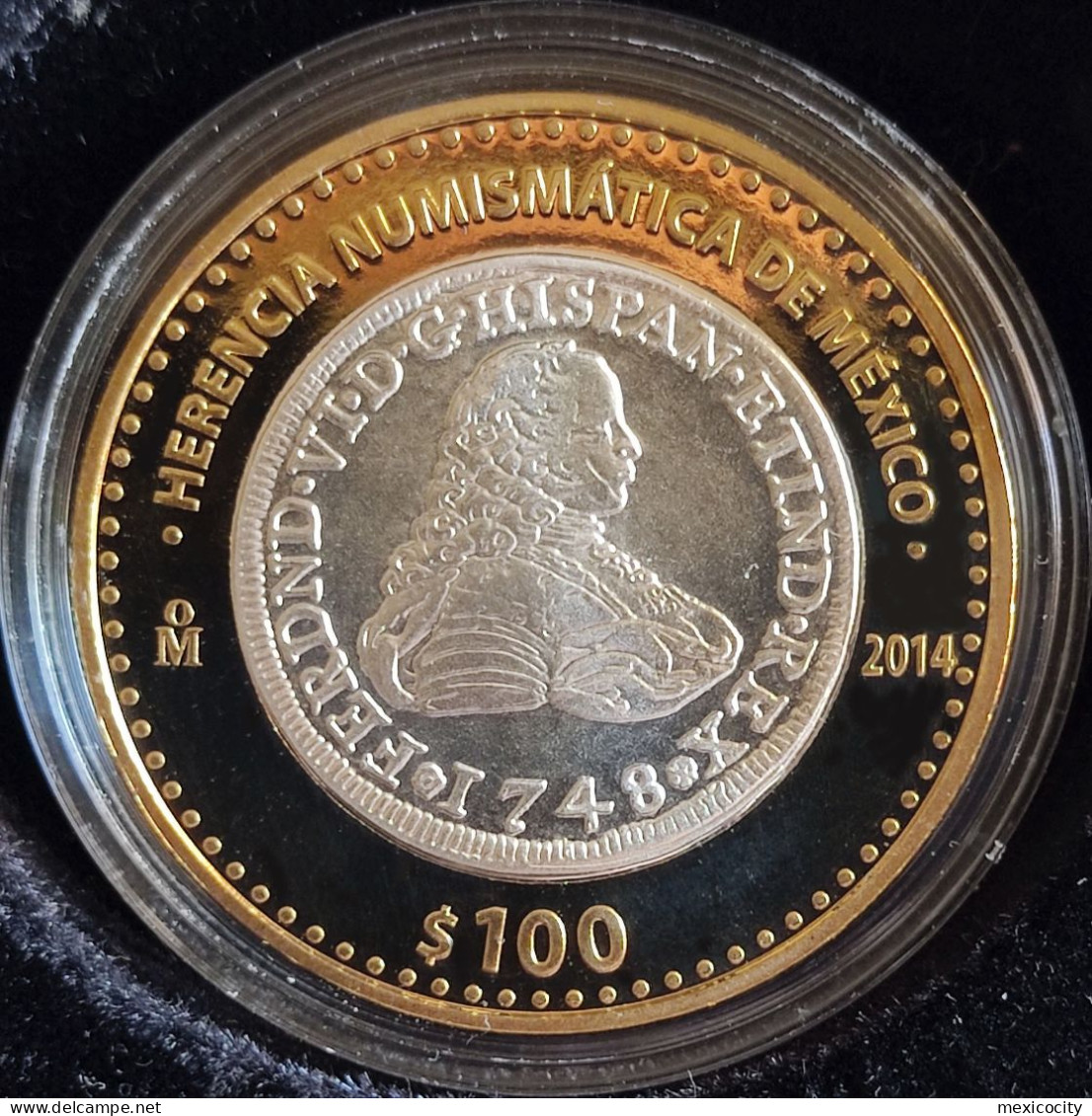 MEXICO 2014 $100 "8 Escudos Fernando VI Coin" Design SILVER Core Num. Heritage Series Proof Edition - México