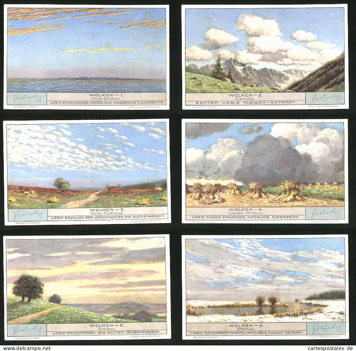 6 Sammelbilder Liebig, Serie Nr.: 1281, Wolken, Stratus, Nimbus, Cumulo, Cirro-Cumulus  - Liebig