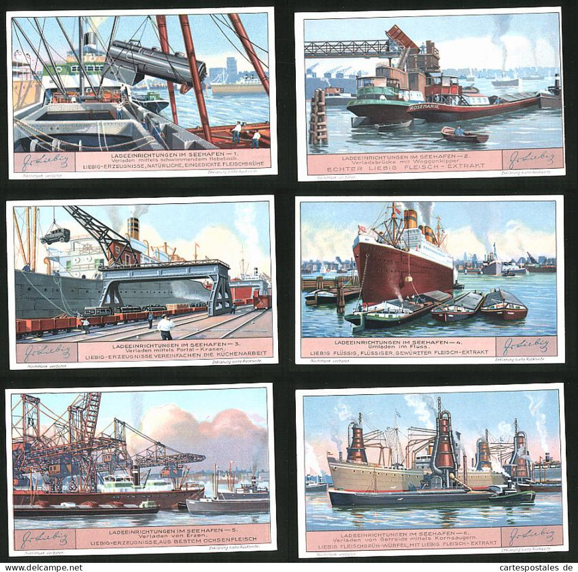 6 Sammelbilder Liebig, Serie Nr.: 1256, Ladeeinrichtungen Im Seehafen, Dampfer, Kornsauger, Erzen, Umladen, Verladen  - Liebig