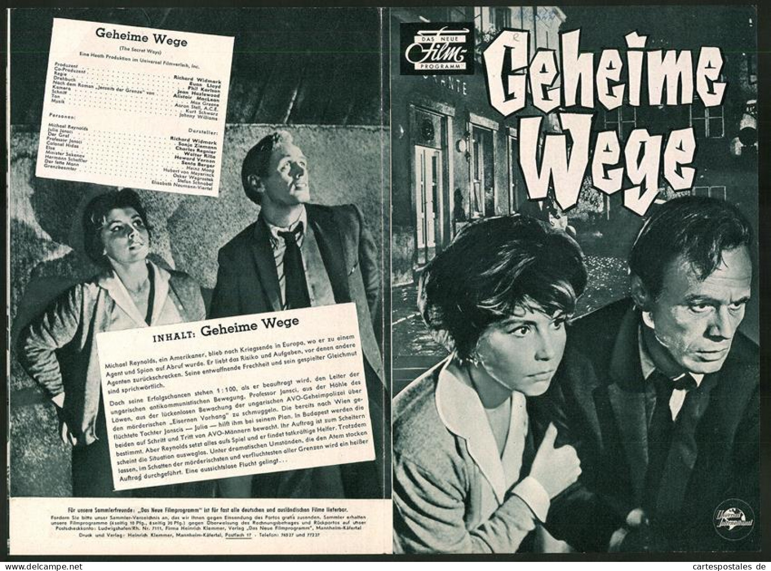 Filmprogramm DNF, Geheime Wege, Richard Widmark, Sonja Ziemann, Charles Regnier, Regie Phil Karlson  - Zeitschriften