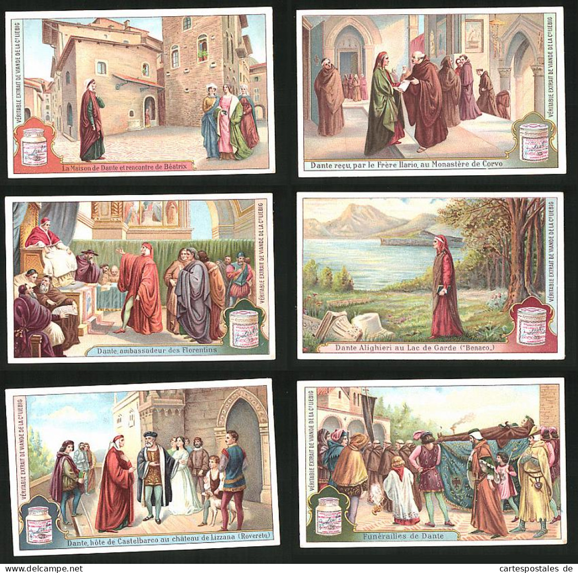 6 Sammelbilder Liebig, Serie Nr. 1116: Dante, Mittelalter, Beerdigung, Tod, Gardasee  - Liebig