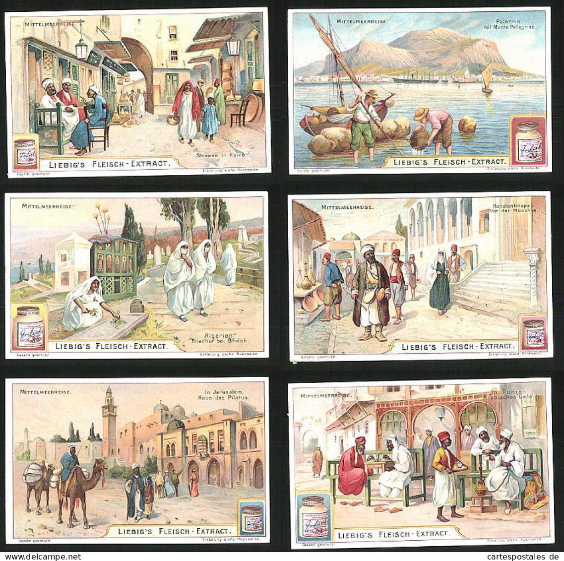 6 Sammelbilder Liebig, Serie Nr.: 874, Mittelmeerreise, Moschee, Konstantinope, Tunis, Jerusalem, Kairo  - Liebig