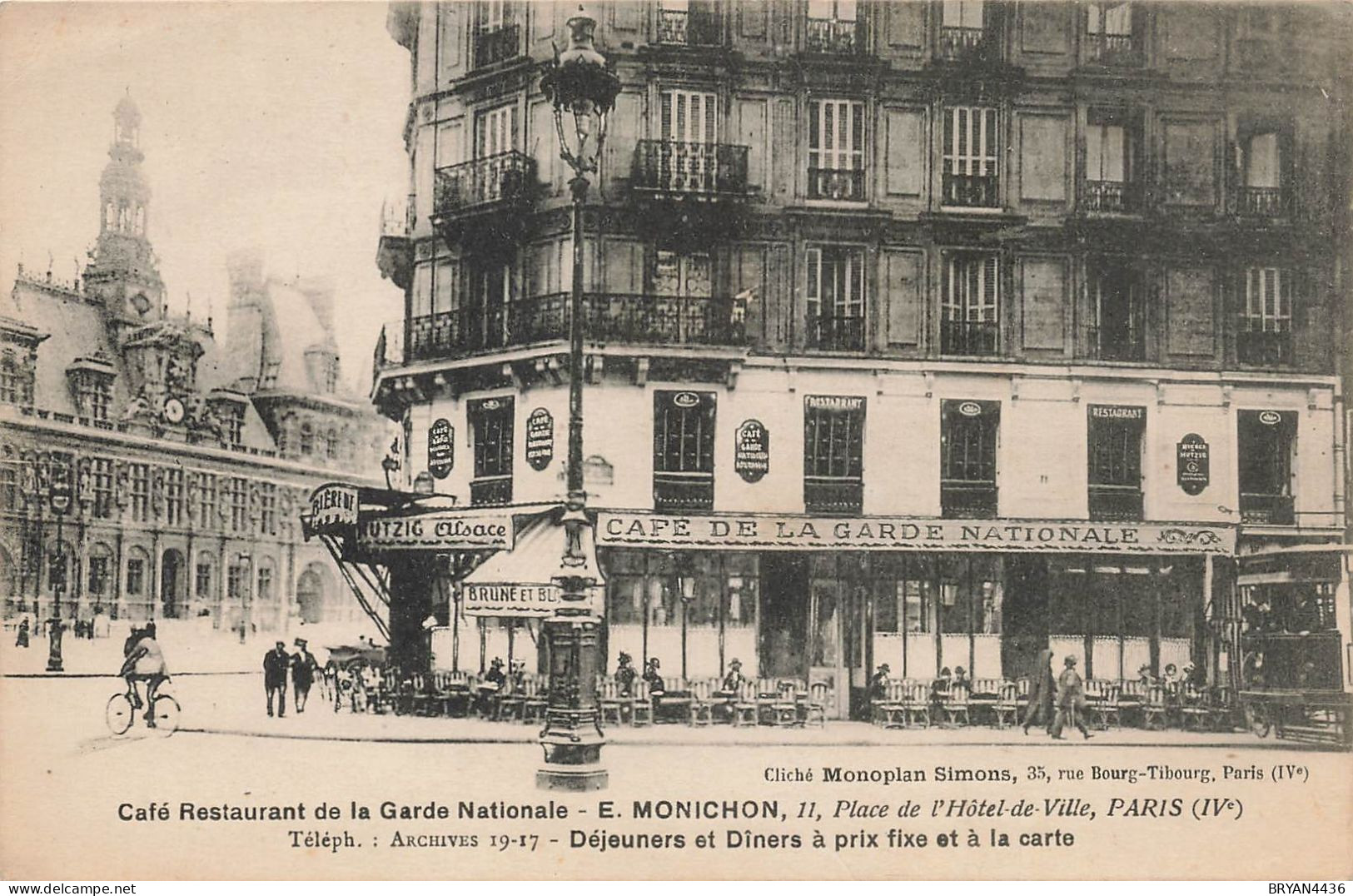 PARIS 16 ème - CAFE RESTAURANT De La GARDE NATIONALE - 11, PLACE De L( HOTEL De VILLE - CARTE POSTALE MENU (9x14cm) - Paris (04)