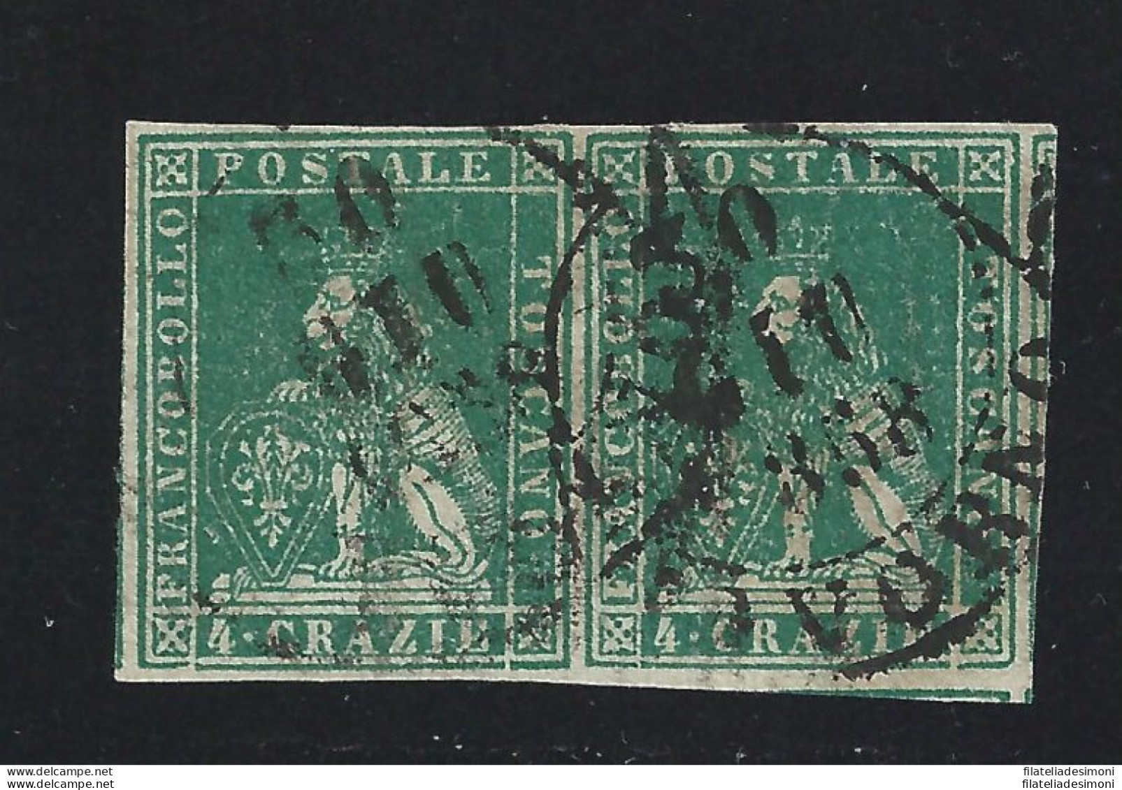 1857 TOSCANA, N 14 - 4 Crazie Verde, Filigrana 2 Tipo, COPPIA USATA, Firmata Caffaz - Toskana