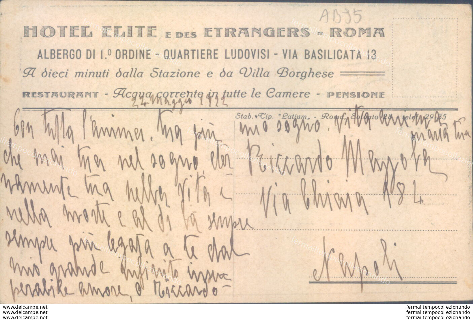 Ab95 Cartolina Pubblicitaria Roma Citta' Hotel Elite E Des Etrangers - Sonstige & Ohne Zuordnung