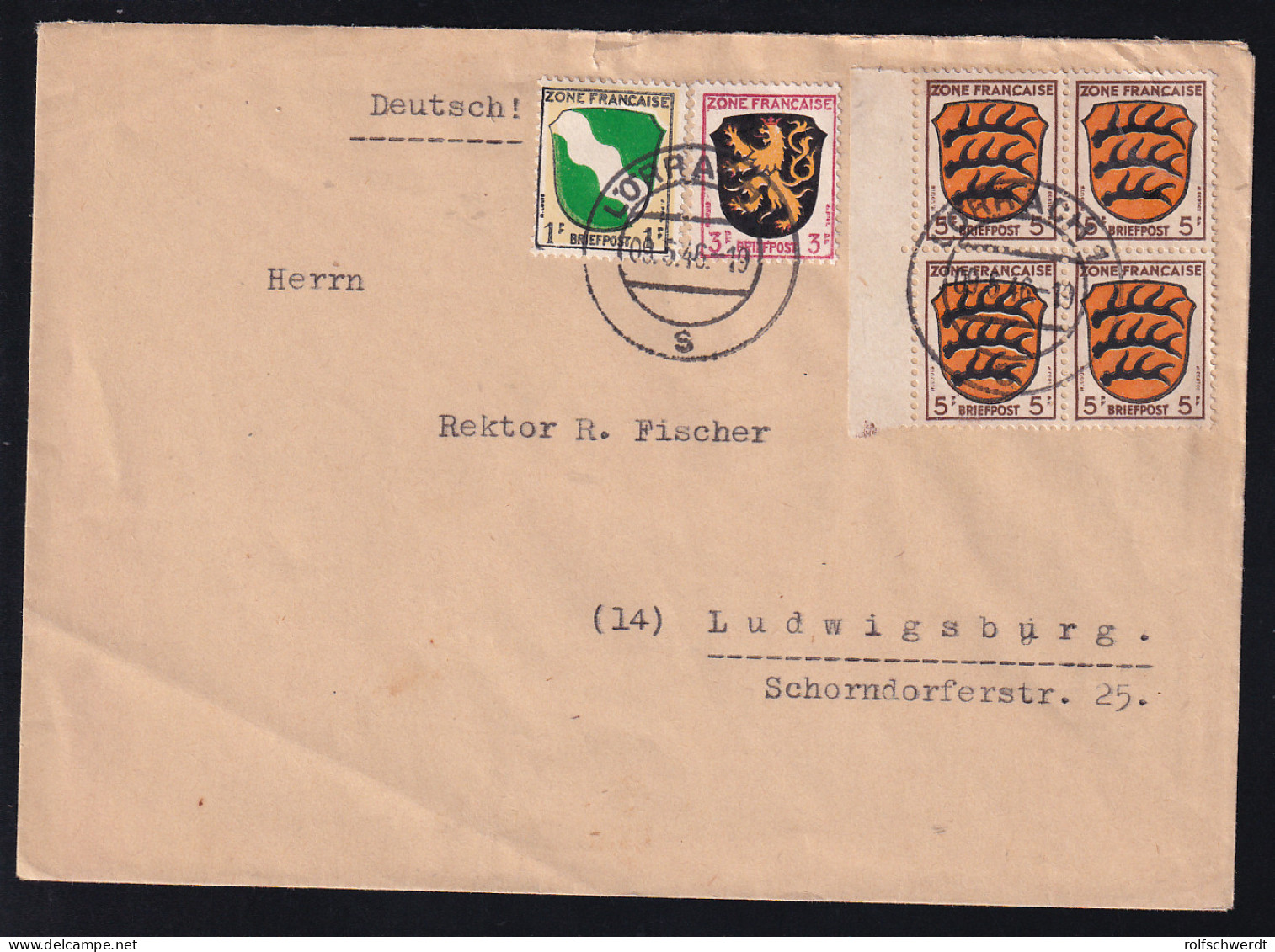 Wappen 1 Pfg., 3 Pfg., Und 5 Pfg. (Randvierblock) Auf Brief Ab Lörrach 09.5.46  - Autres & Non Classés