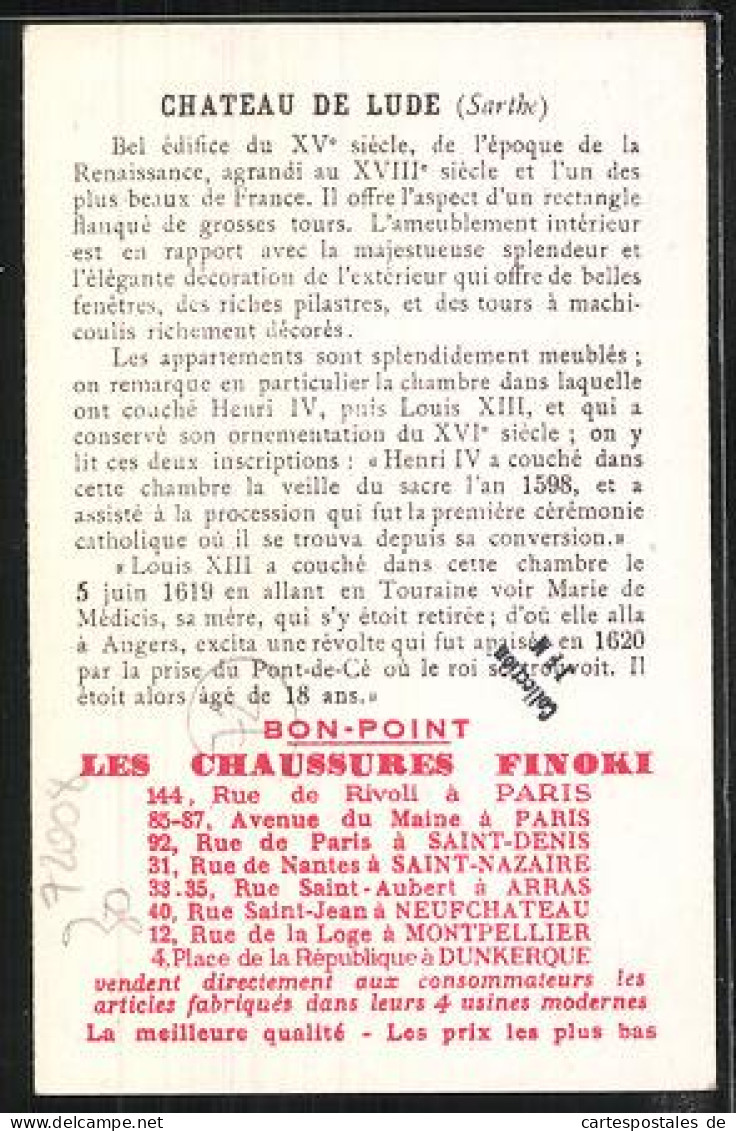 Sammelbild Les Chaussures Finoki, Chateau De Lude, Louis XIII Y Passa La Nuit Du 5 Juin 1619  - Otros & Sin Clasificación