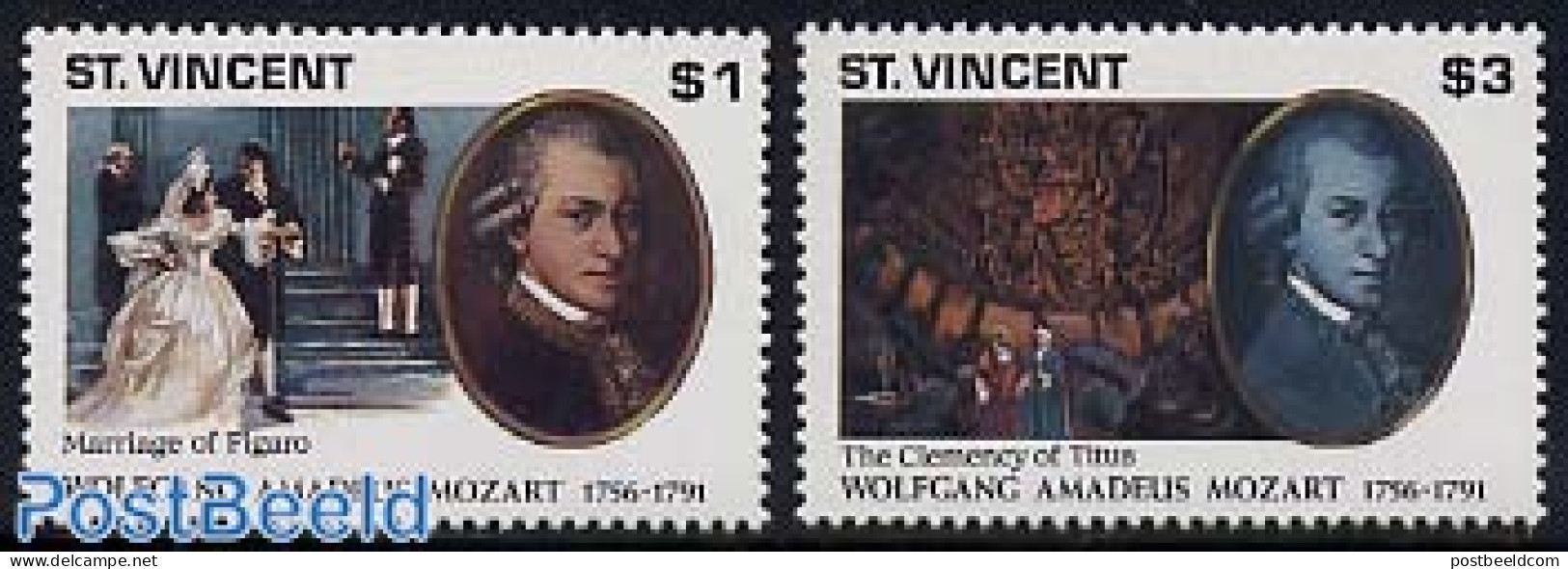 Saint Vincent 1991 Mozart 2v, Mint NH, Performance Art - Amadeus Mozart - Music - Musik