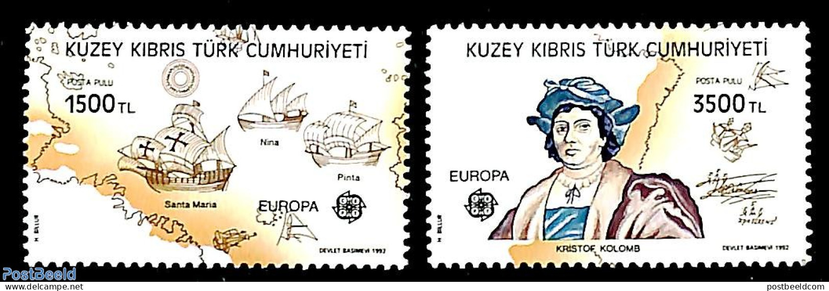 Turkish Cyprus 1992 Europa 2v (from S/s), Mint NH, History - Transport - Various - Europa (cept) - Explorers - Ships A.. - Onderzoekers
